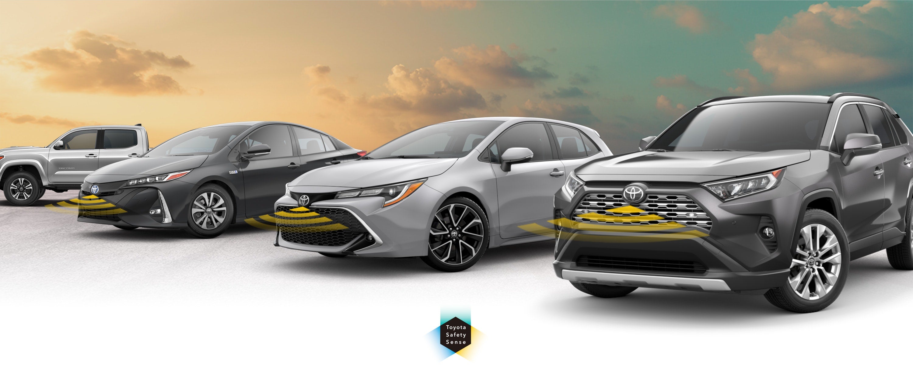 Toyota Safety Sense: Designed for Safety. Options shown on Toyota models including RAV4, Tacoma, and Camry, available now at Steet Toyota of Yorkville in Yorkville NY.